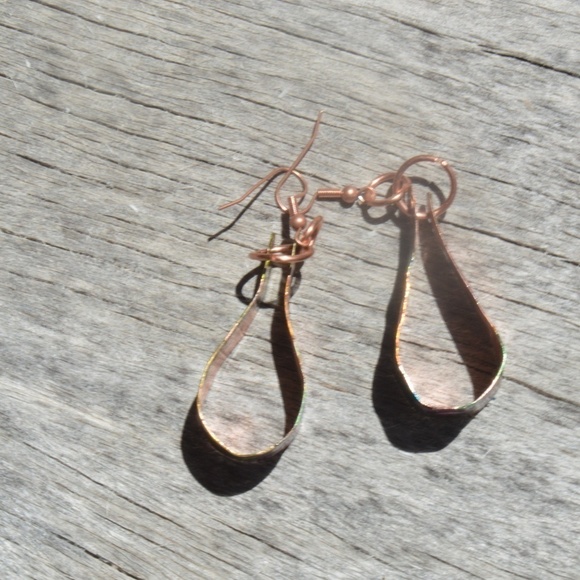 Green Yellow Pure Copper Hoops Embossed Earrings Stars Handmade Psychedelic - Picture 3 of 5